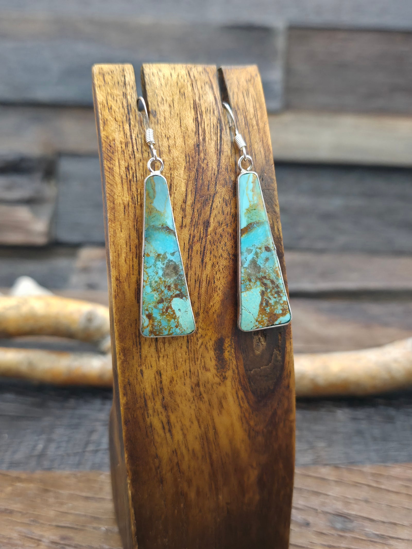 Sterling Silver Green and Brown Turquoise Slab Earrings by Veronica Tortalita - 2 1/4 in. by 1/2 in.