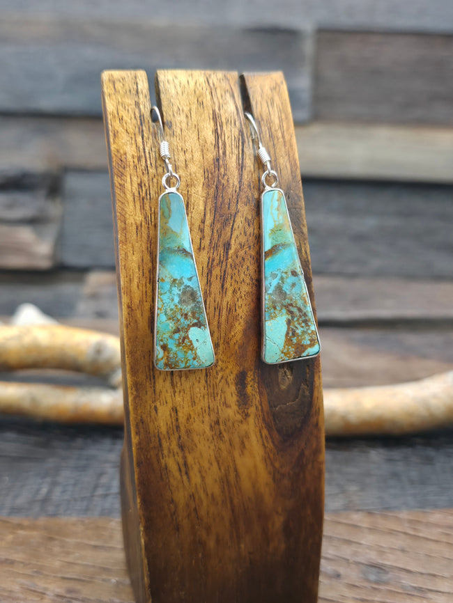 Sterling Silver Green and Brown Turquoise Slab Earrings by Veronica Tortalita - 2 1/4 in. by 1/2 in.