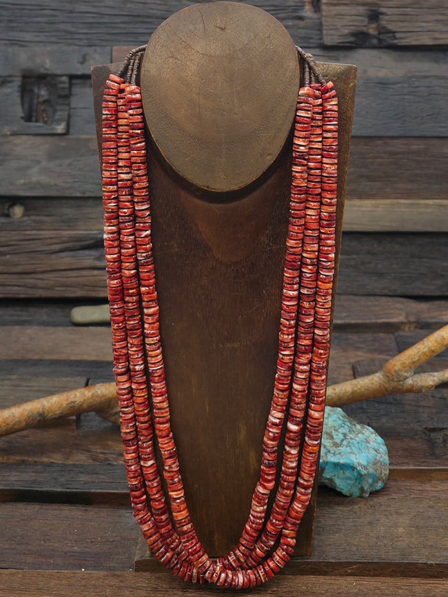 Three Strand Red Spiny Oyster and Heishi Necklace by Irene Lovato - 30 in.