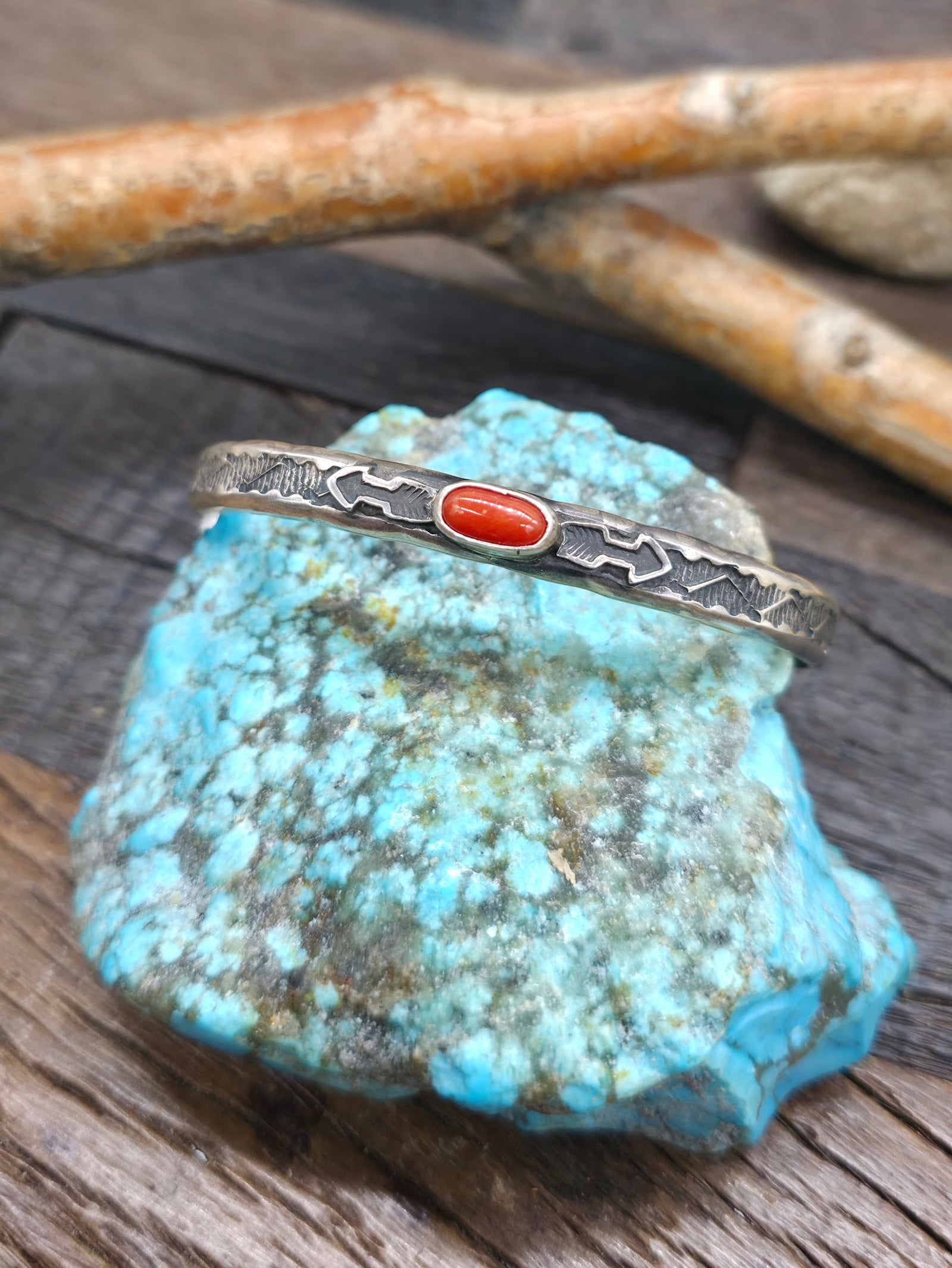 Stamped Sterling Silver Coral Cuff by Sunshine Reeves - 6 3/4 in.