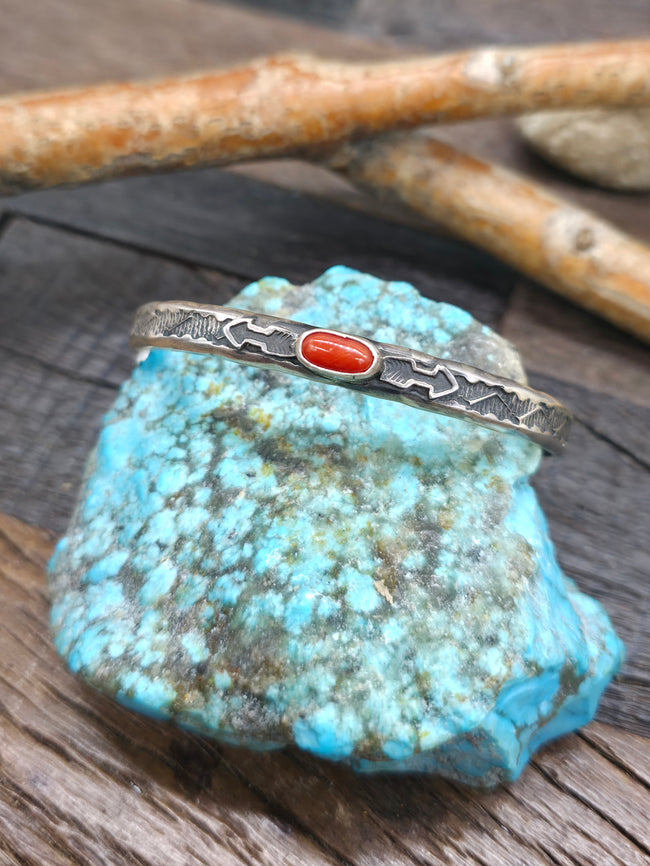 Stamped Sterling Silver Coral Cuff by Sunshine Reeves - 6 3/4 in.