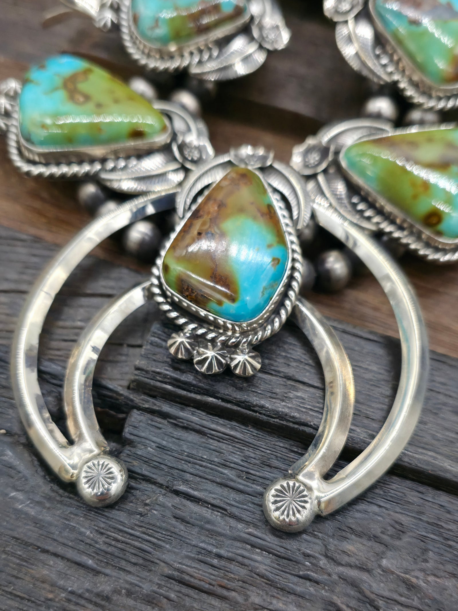 Turquoise and Sterling Silver Leaf Applique Squash Blossom Necklace and Earring Set by Leonard Platero - 30 in.