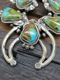 Turquoise and Sterling Silver Leaf Applique Squash Blossom Necklace and Earring Set by Leonard Platero - 30 in.