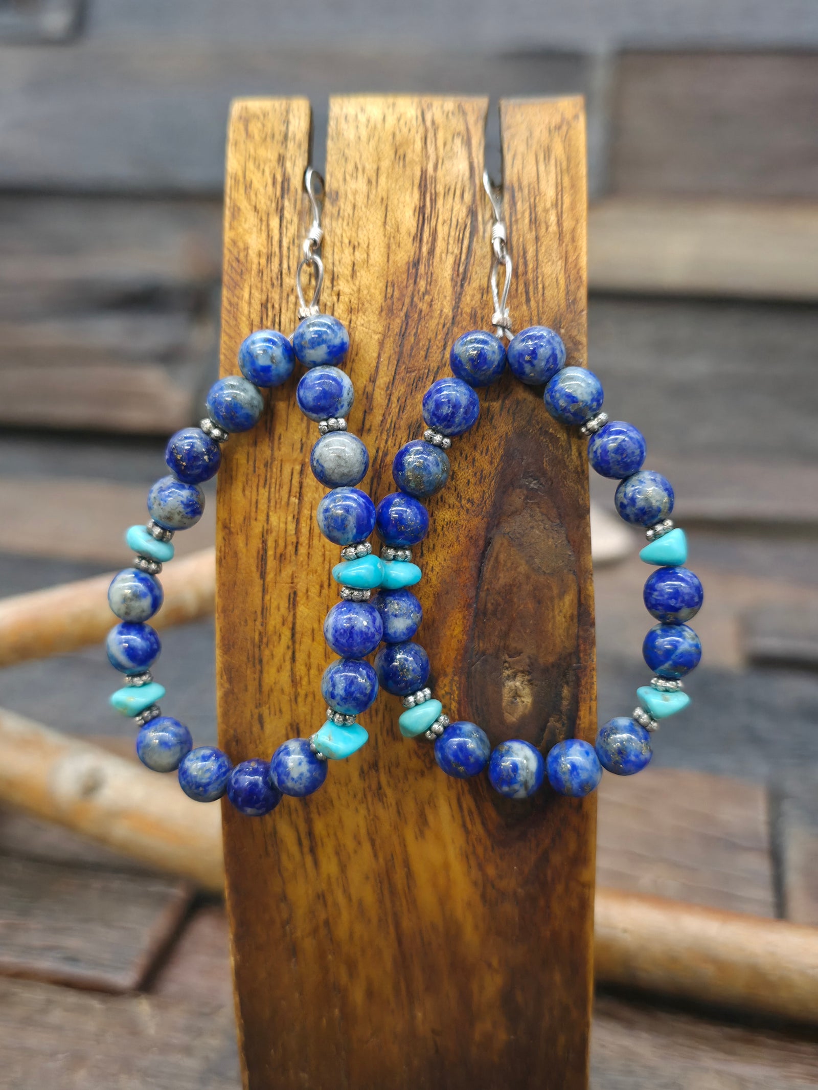 Lapis Lazuli with Sterling Silver and Turquoise Beaded Hook Dangle Earrings