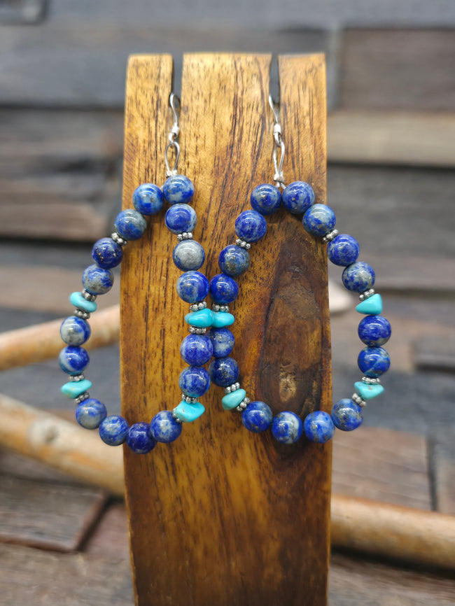 Lapis Lazuli with Sterling Silver and Turquoise Beaded Hook Dangle Earrings
