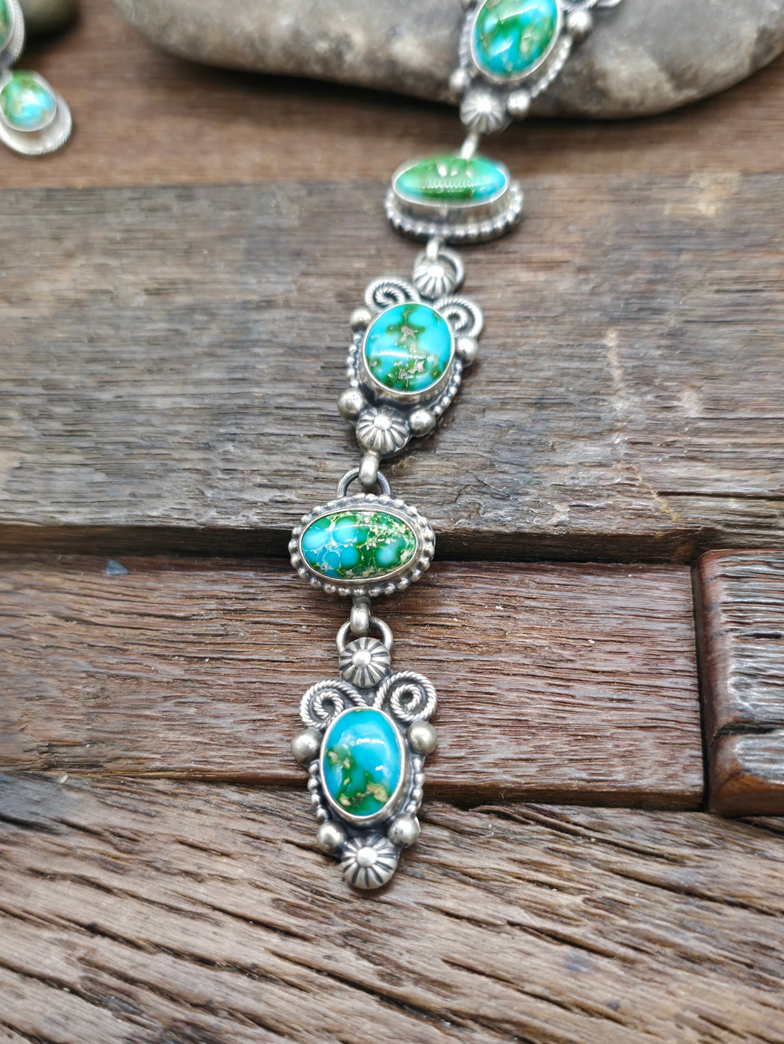 Sonoran Gold Turquoise Sterling Silver Lariat Necklace and Post Dangle Earrings Set by Kathleen Livingston - 24 in.