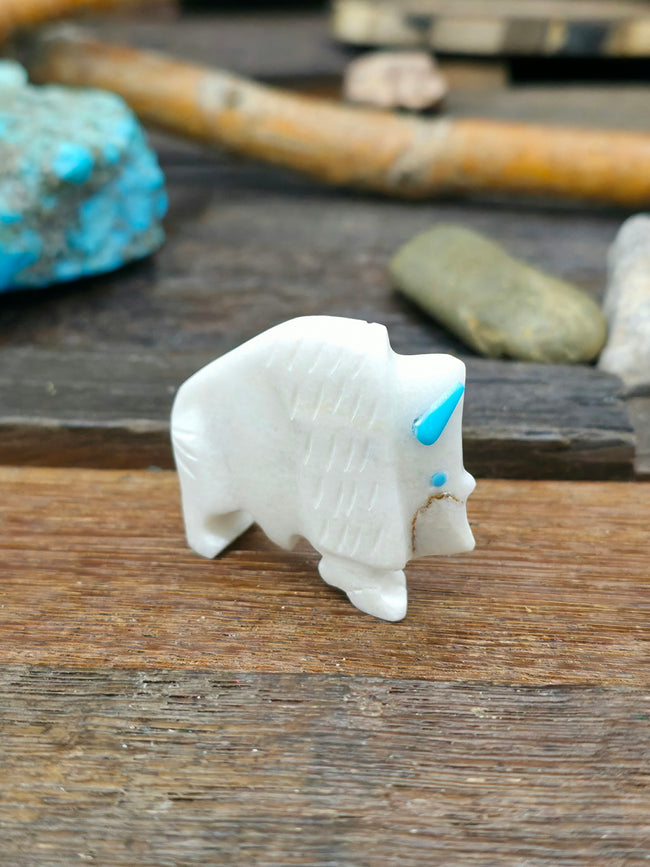 Hand Carved White Bison Fetish with Turquoise Horns by Todd Etsate