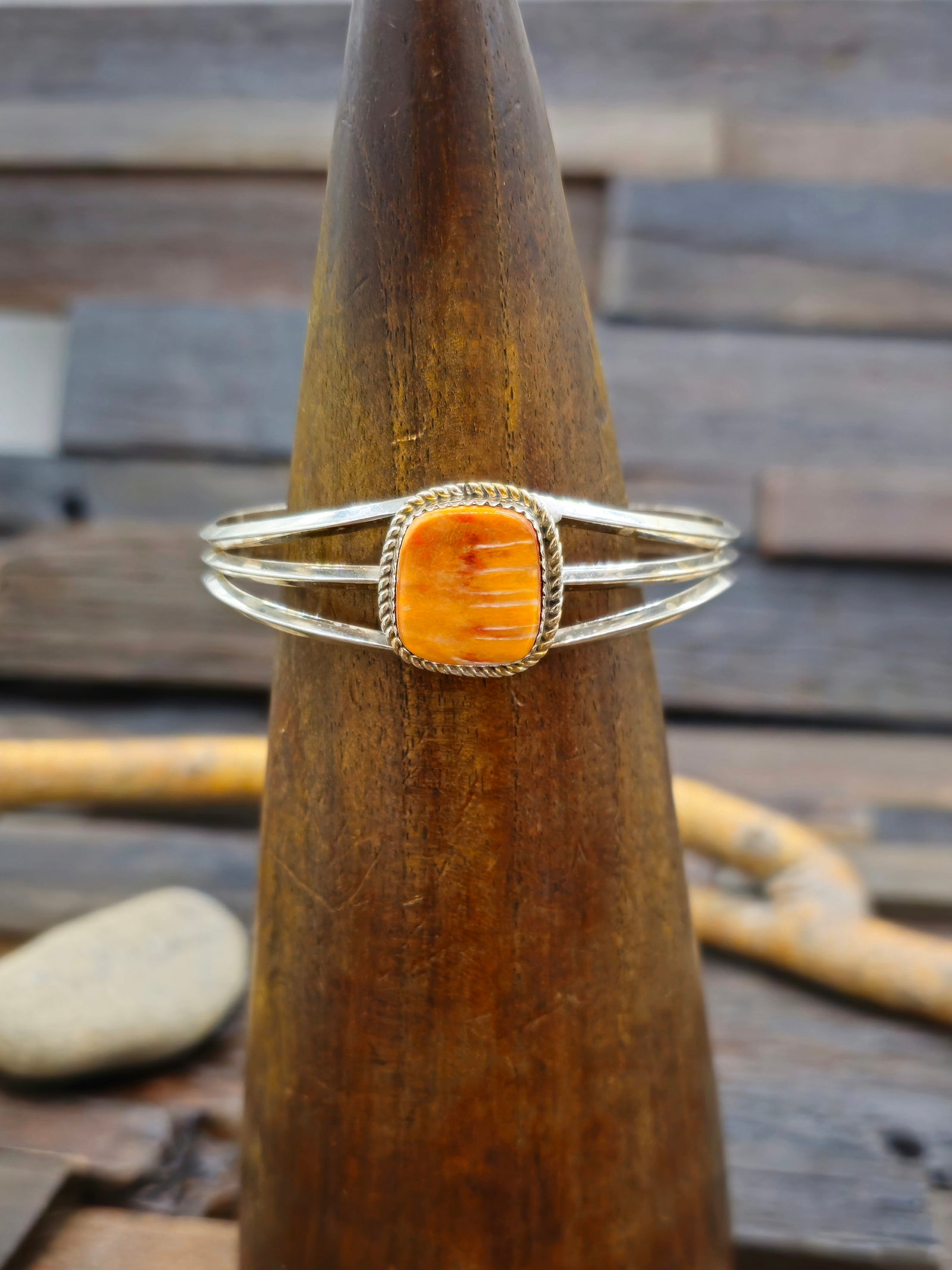 Orange Spiny Oyster Shell Sterling Silver Cuff by Julia Etsitty - 6 in.