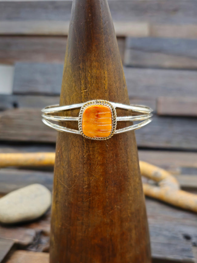 Orange Spiny Oyster Shell Sterling Silver Cuff by Julia Etsitty - 6 in.