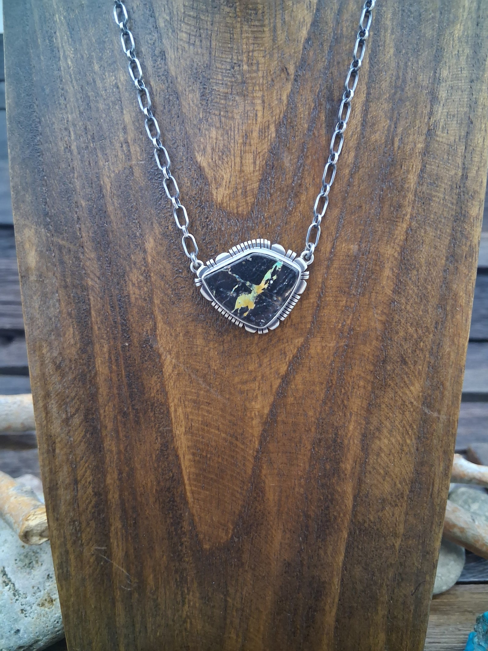 Black Jack Turquoise Asymmetrical Pendant Necklace 16in