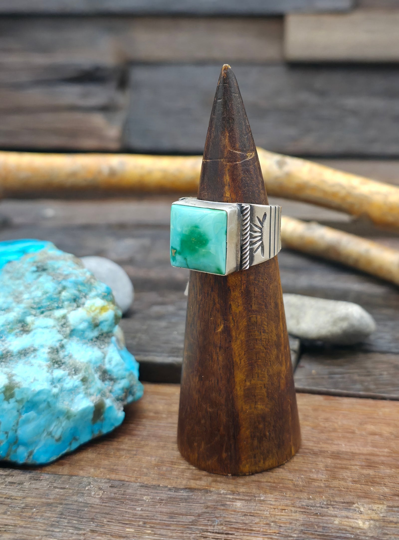 Stamped Brushed Sterling Silver Square Sonoran Turquoise Ring by Ray Bennett - Size 11