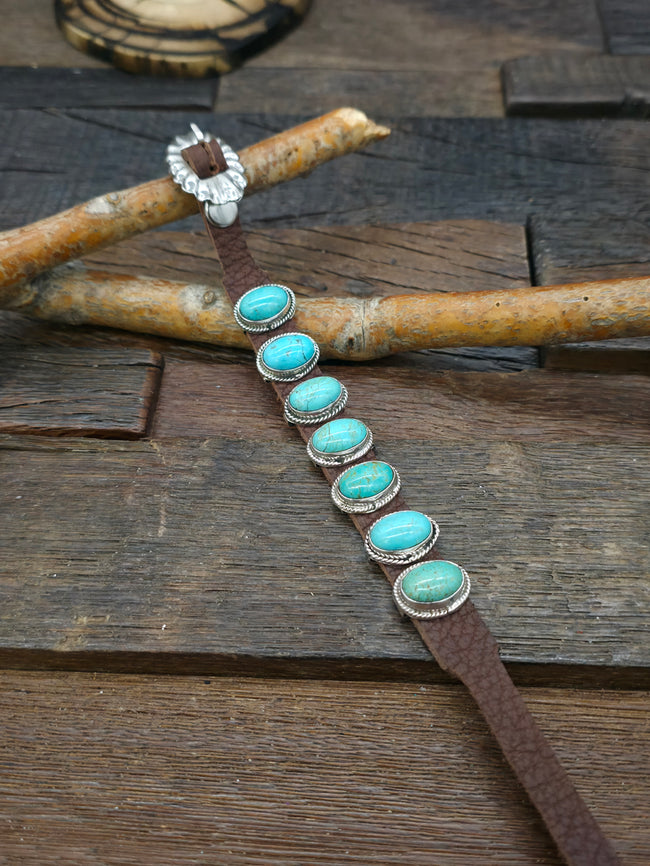 Seven Stone Green Turquoise Brown Leather Buckle Bracelet - 8 in.