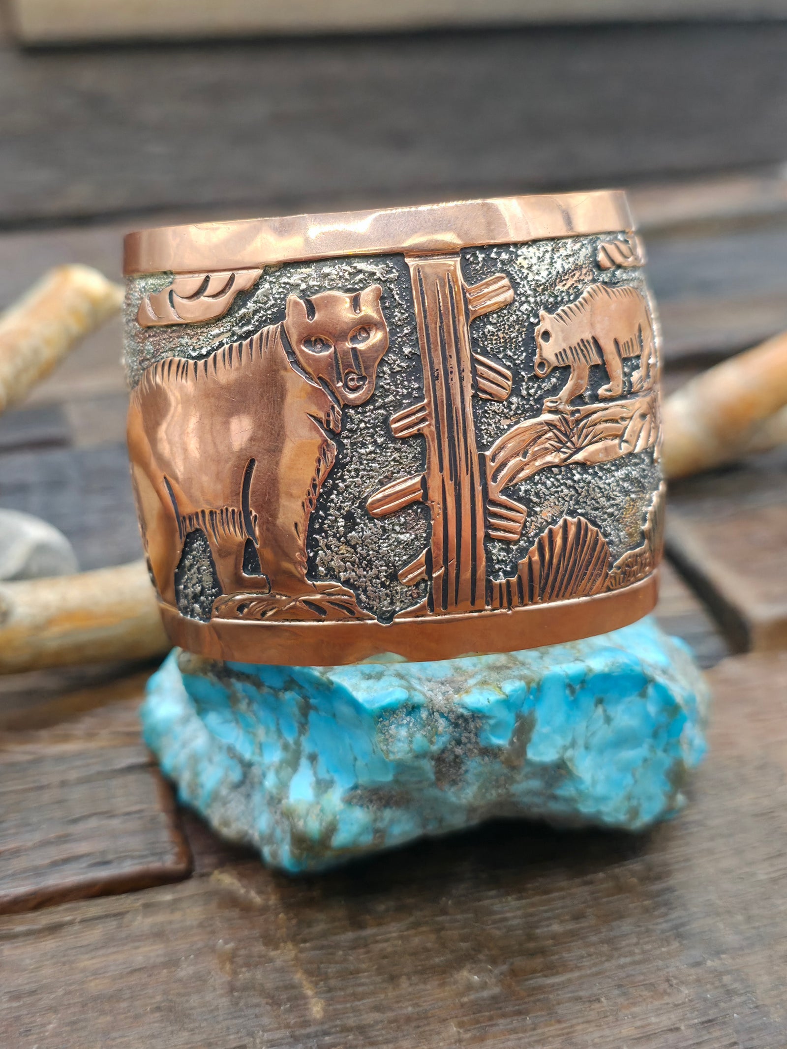 Wide Copper Overlay Bear Cuff Bracelet by Elaine Becenti - 7 in. with Gap