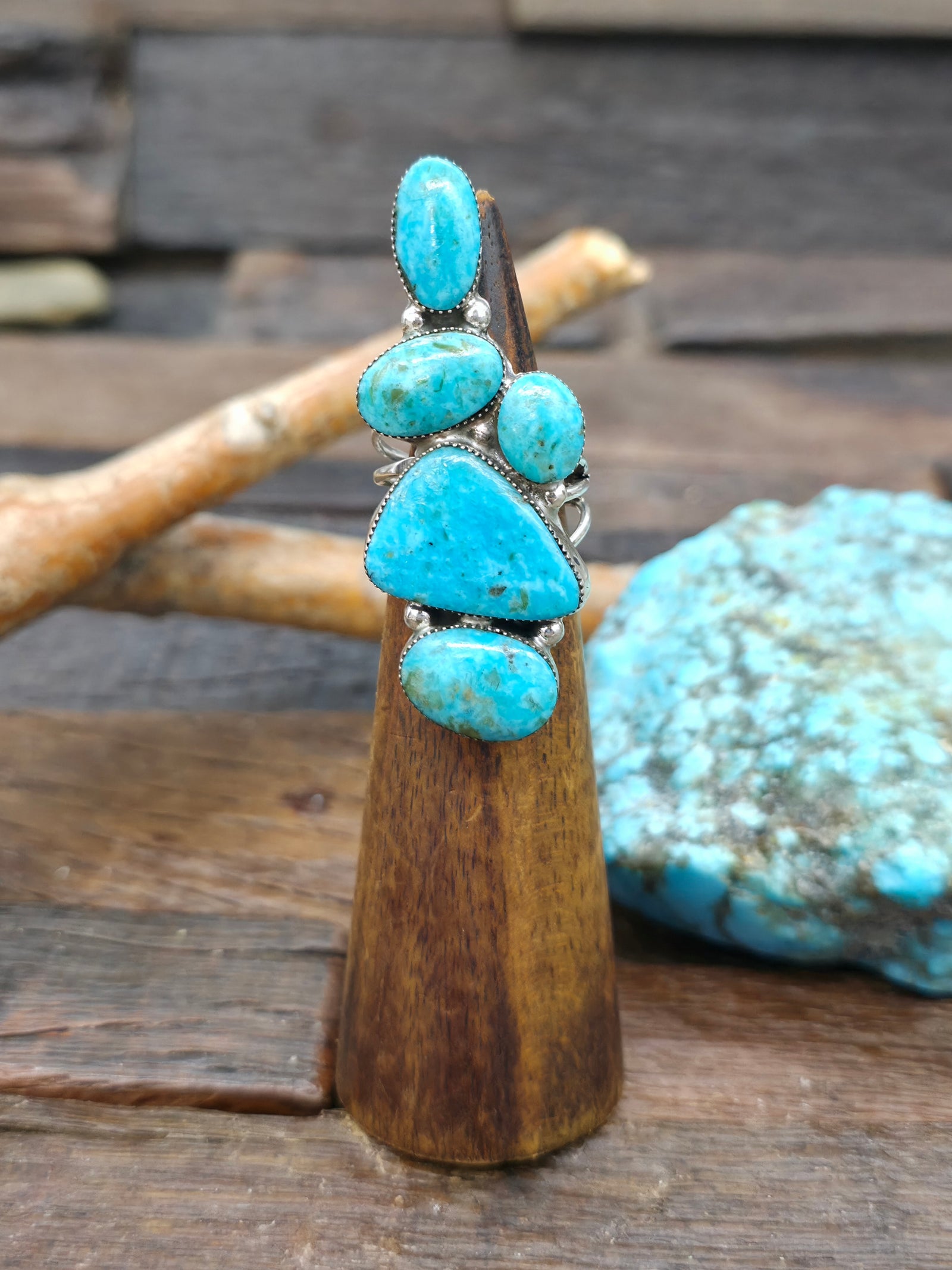 Long Sterling Silver Turquoise Ring by David Lopez - Size 8