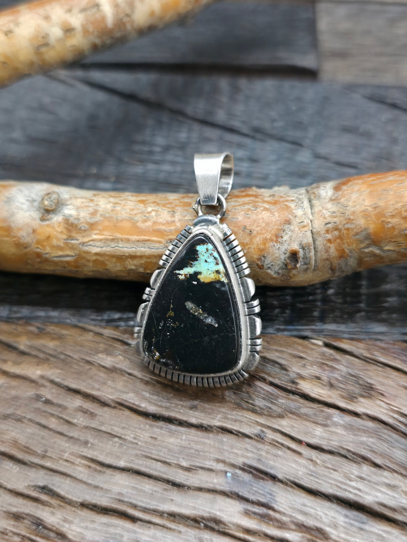 Sterling Silver Black Jack Turquoise Pendant - 1 1/2 in. by 3/4 in.