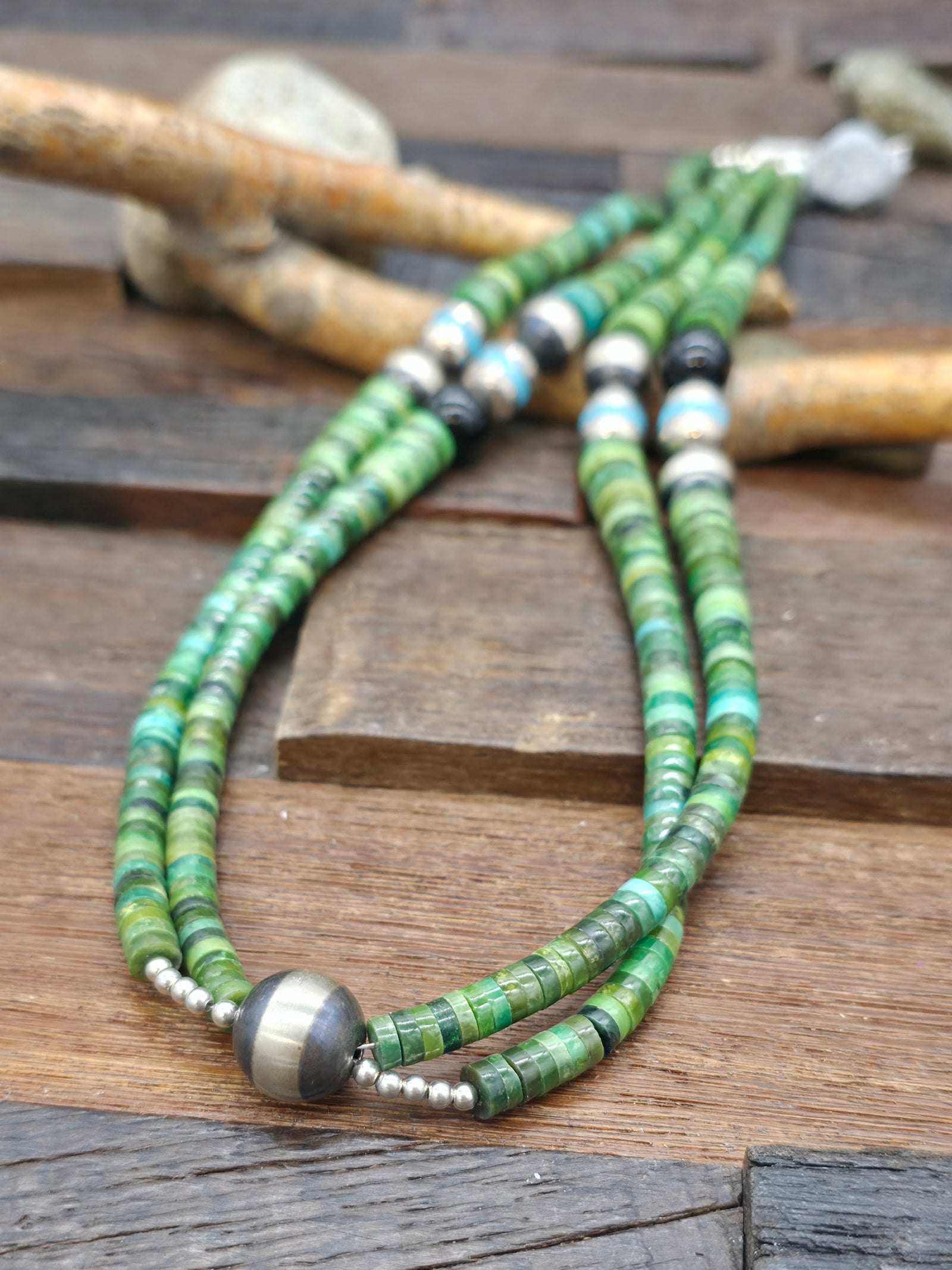Two Strand Green Turquoise Heishi Necklace with Sterling Silver and Onyx Beads by Fred Archuleta - 24 in.