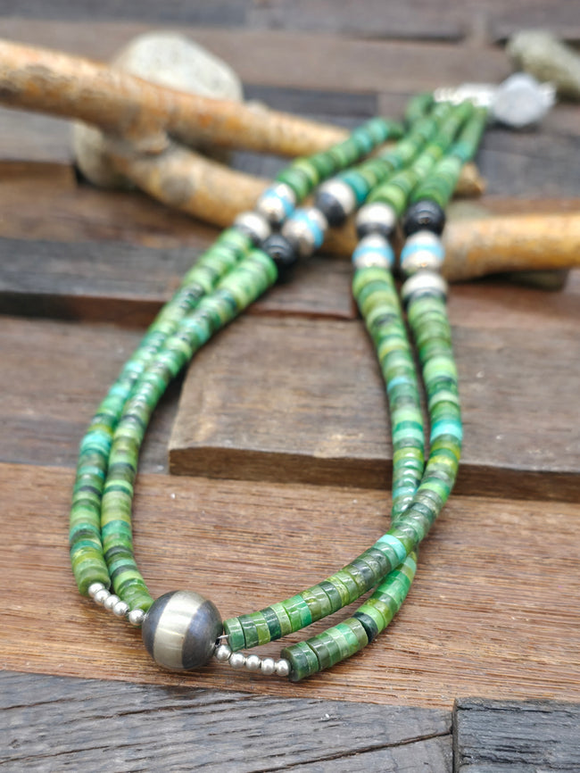 Two Strand Green Turquoise Heishi Necklace with Sterling Silver and Onyx Beads by Fred Archuleta - 24 in.