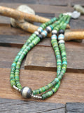 Two Strand Green Turquoise Heishi Necklace with Sterling Silver and Onyx Beads by Fred Archuleta - 24 in.