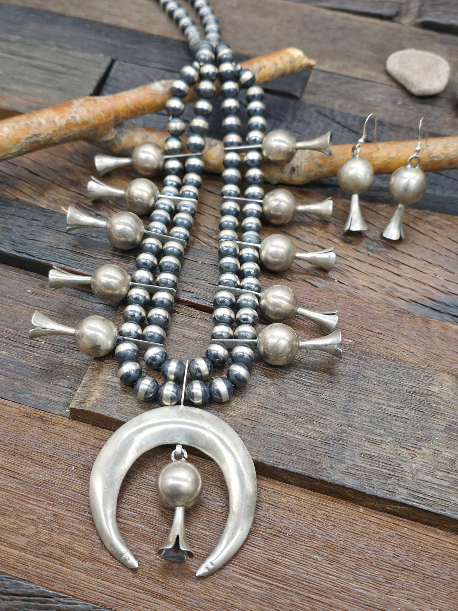 Sterling Silver Squash Blossom Necklace and Earring Set by Russel Sam - 26 in.