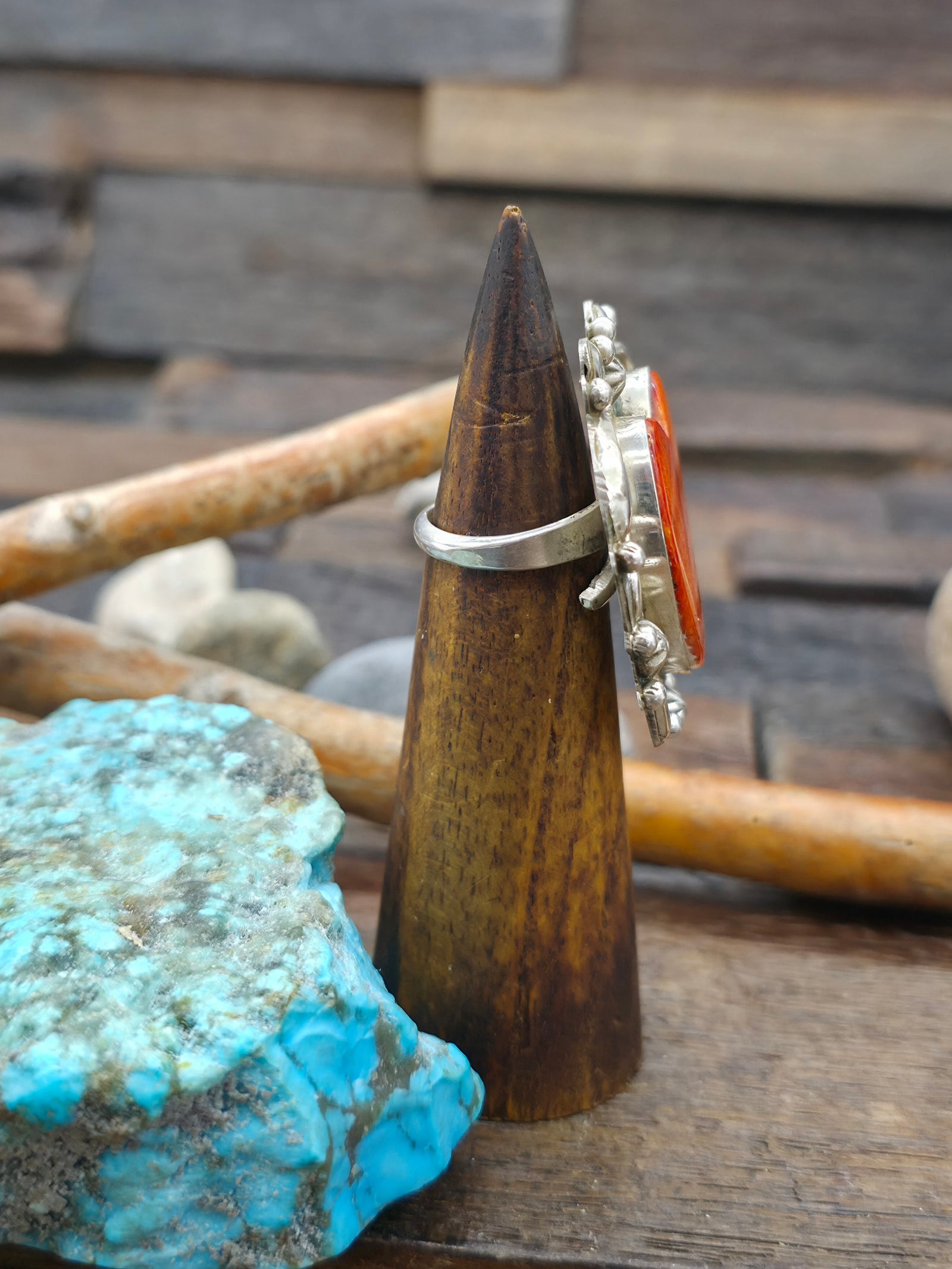 Repousse Stamped Sterling Silver Orange Spiny Ring by Richard Jim - Adjustable