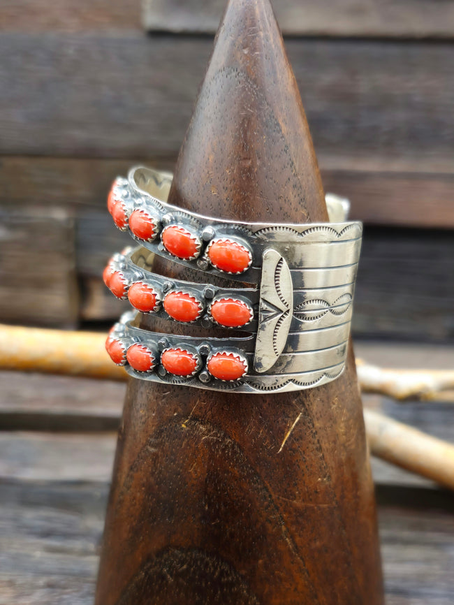 Three-Row Stamped Sterling Silver Coral Cuff - 6 1/2 in.
