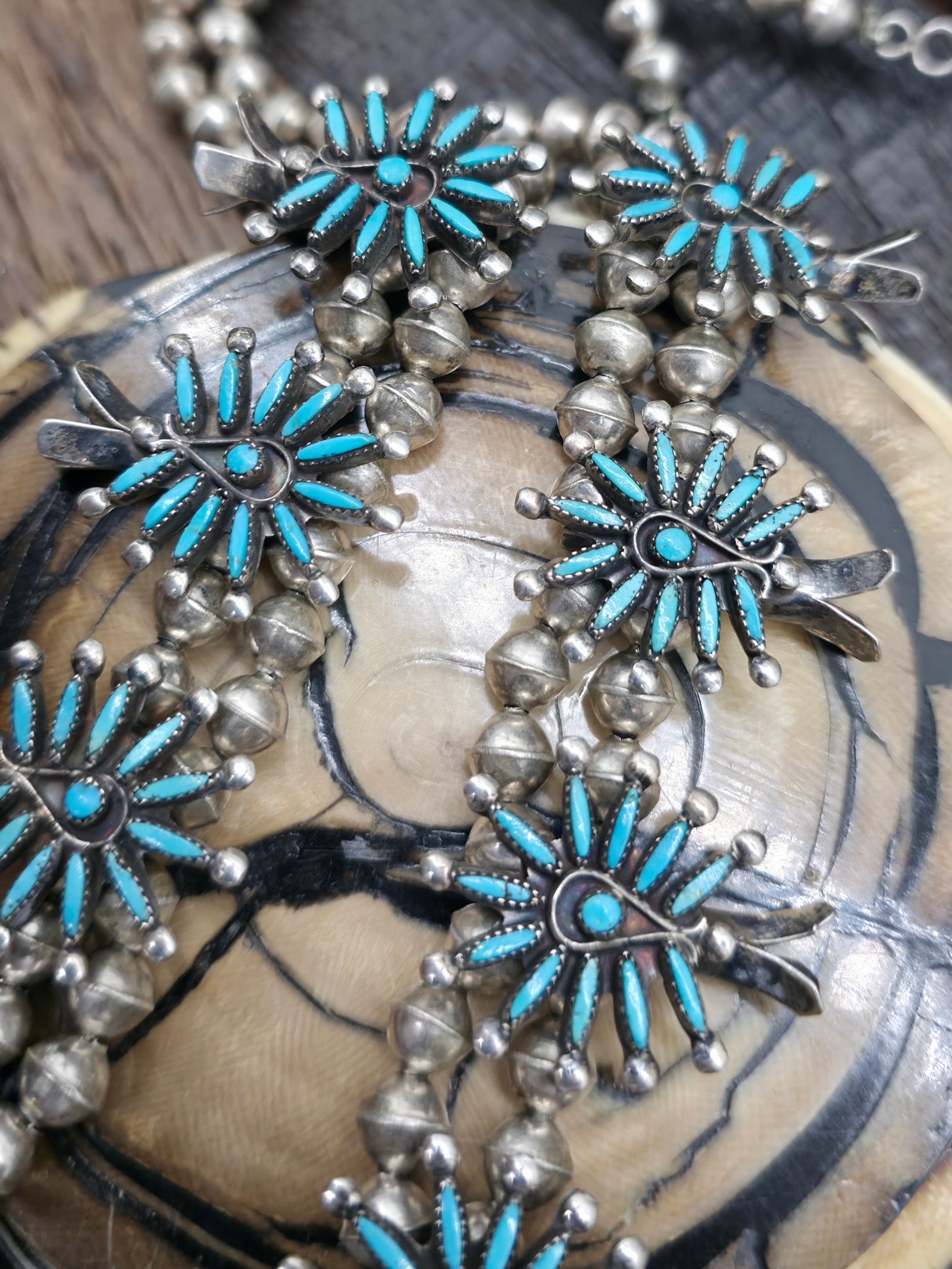 Vintage/Estate Sterling Silver Turquoise Needlepoint Squash Blossom Necklace Circa 1960s - 30 in.