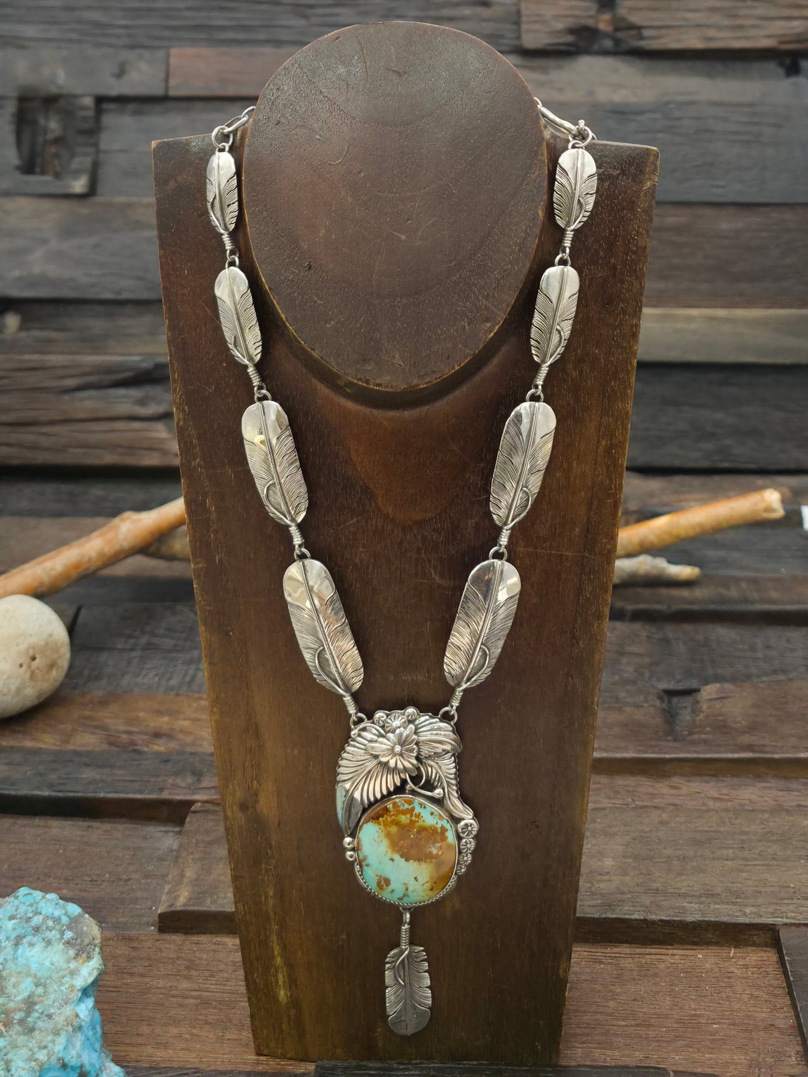 Sterling Silver Turquoise Feather and Leaf Applique Lariat Necklace by Delbert Vandever - 22 in. with 4 in. Drop