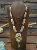 Sterling Silver Turquoise Feather and Leaf Applique Lariat Necklace by Delbert Vandever - 22 in. with 4 in. Drop