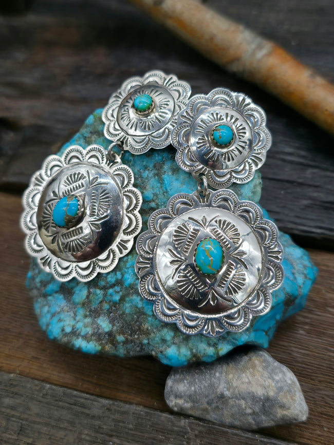 Stamped Sterling Silver and Blue Turquoise Earrings by Bertha Begay