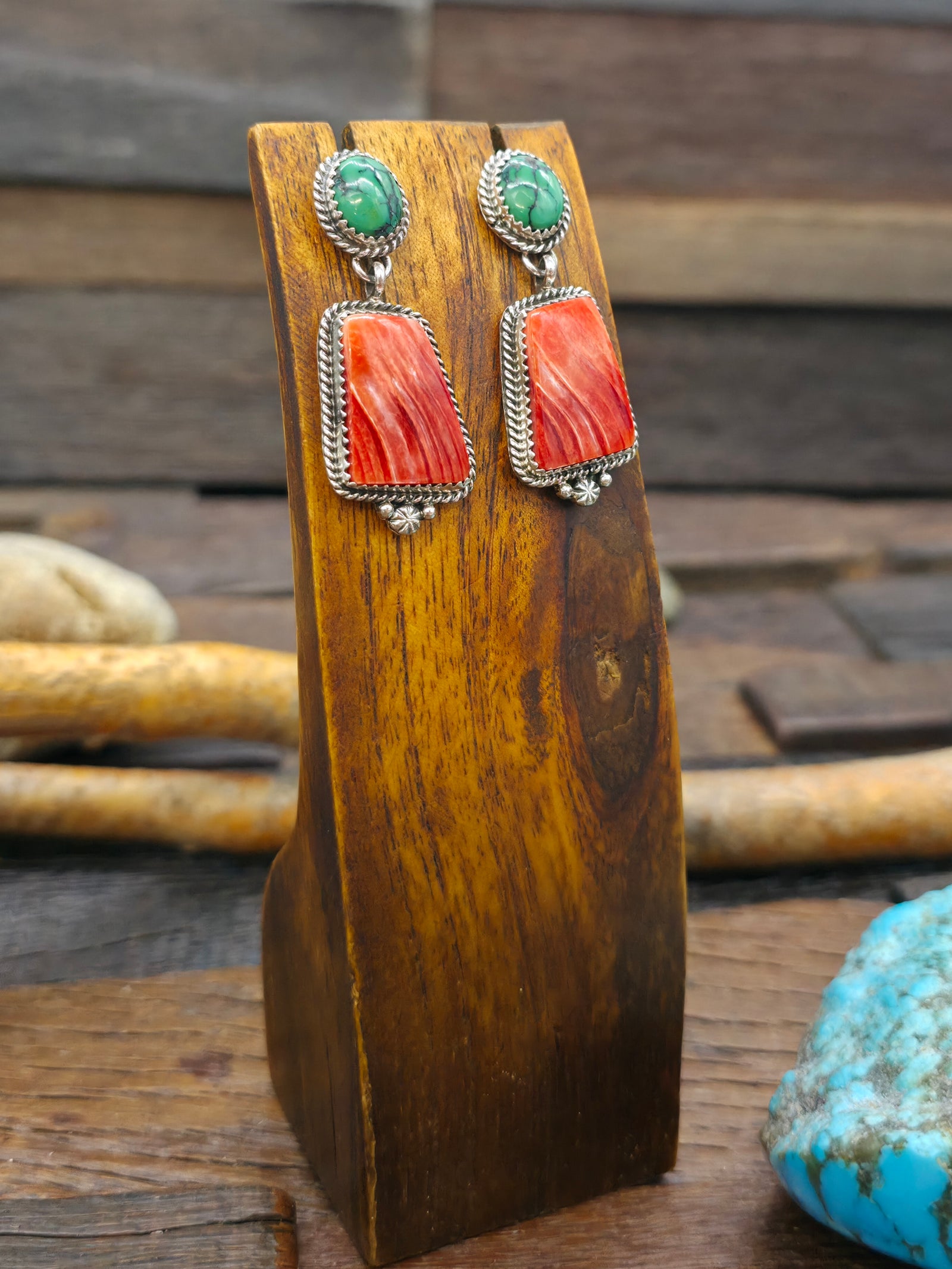 Sterling Silver Turquoise and Orange Spiny Post Dangle Earrings by Brenda Jimenez