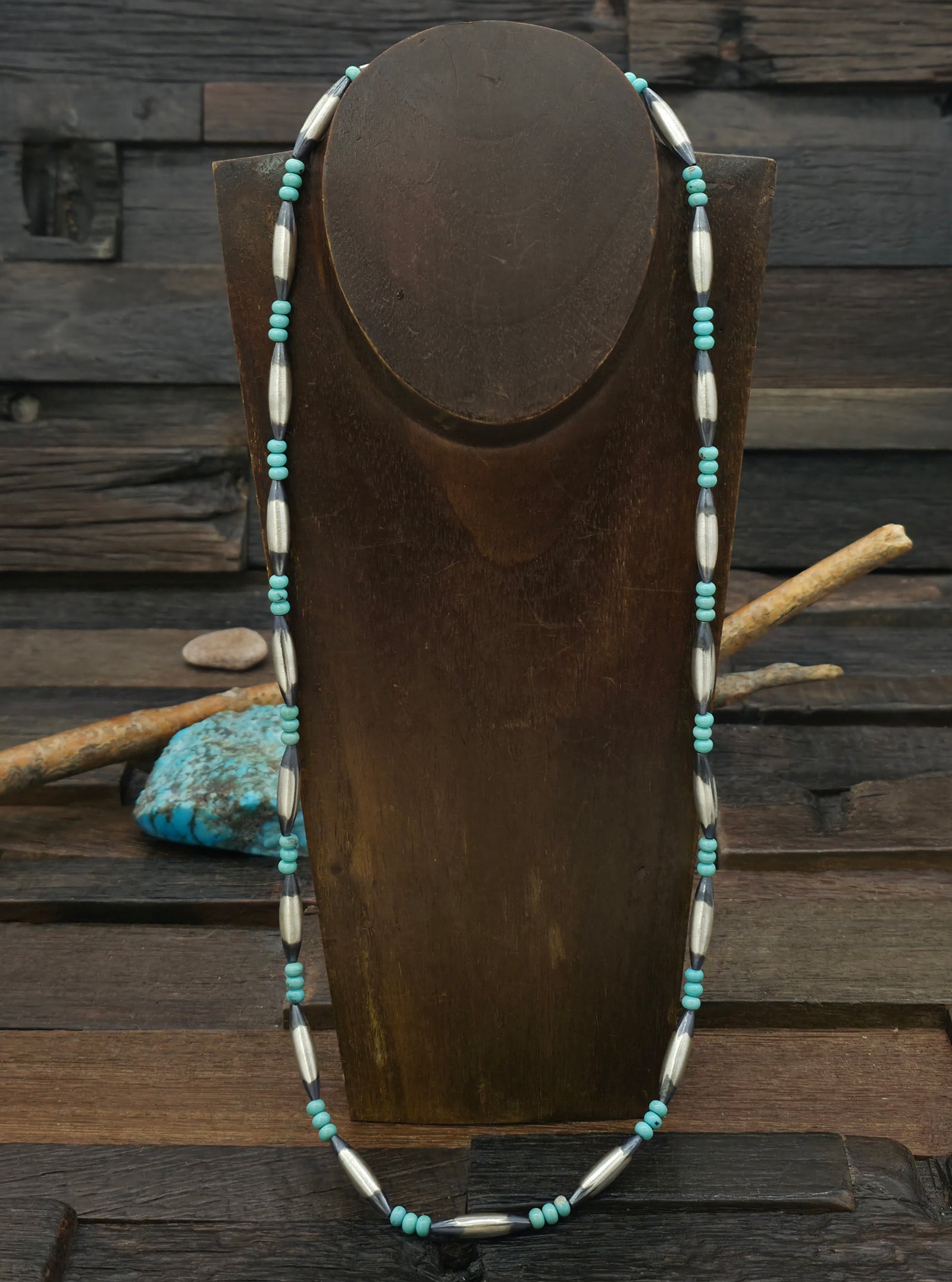 Turquoise Rondelle and Sterling Silver Melon Bead Necklace - 29 in.