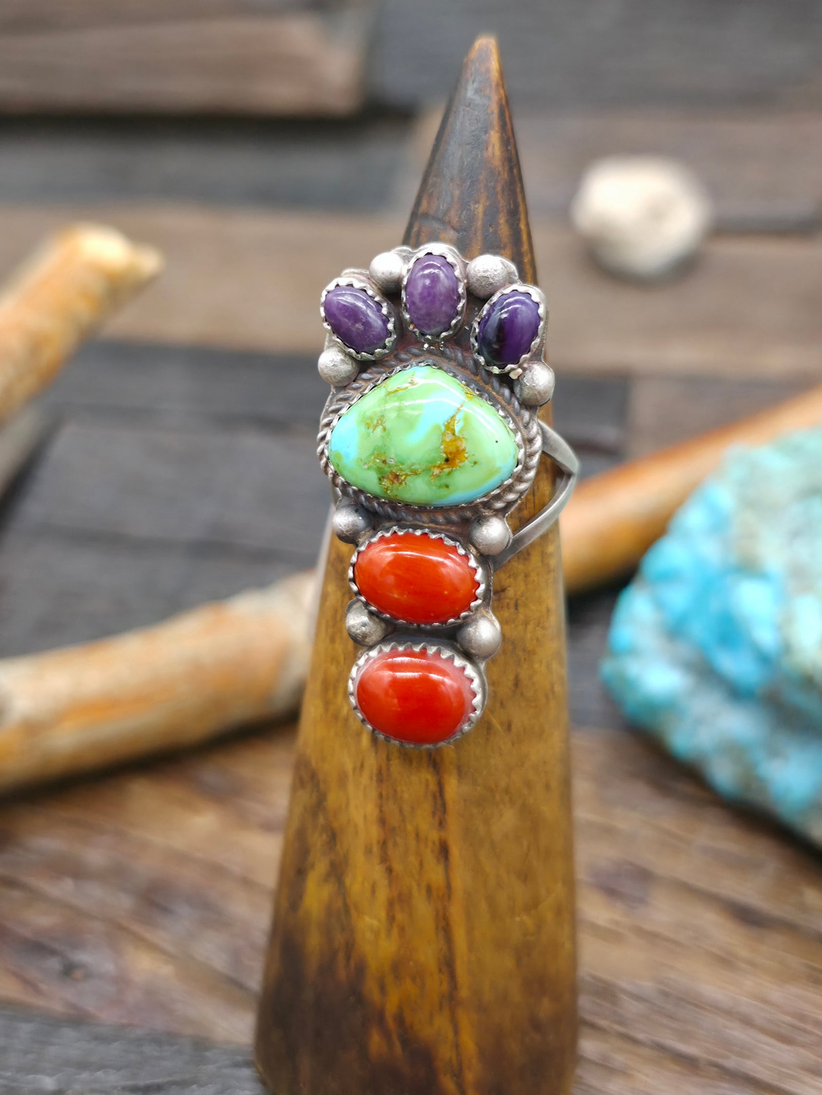 Sterling Silver Sugilite, Sonoran Turquoise, and Coral Ring by L. Ganado - Size 9