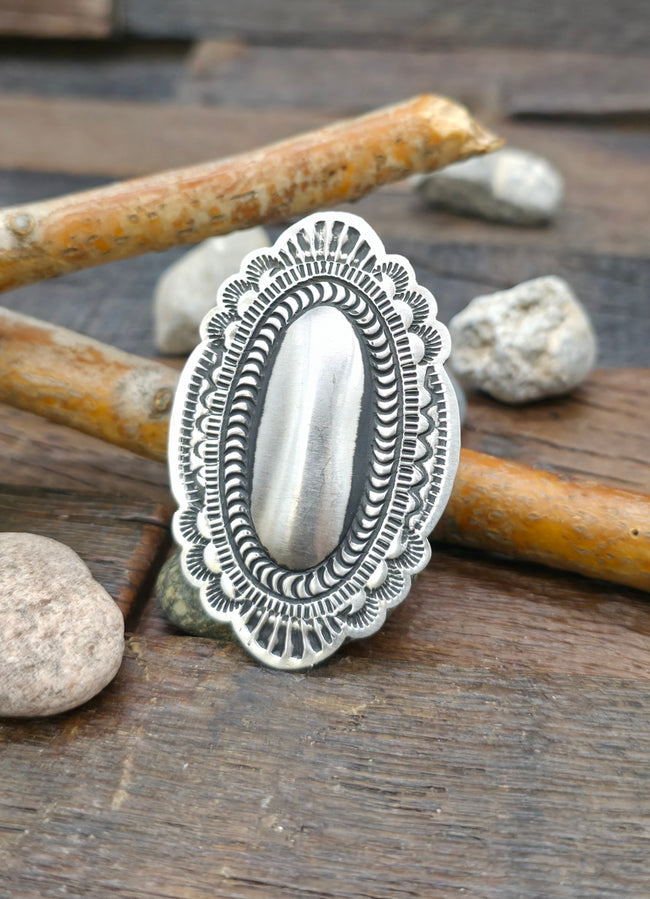 Adjustable Oval Smooth Center Sterling Silver Ring by Leander Tahe
