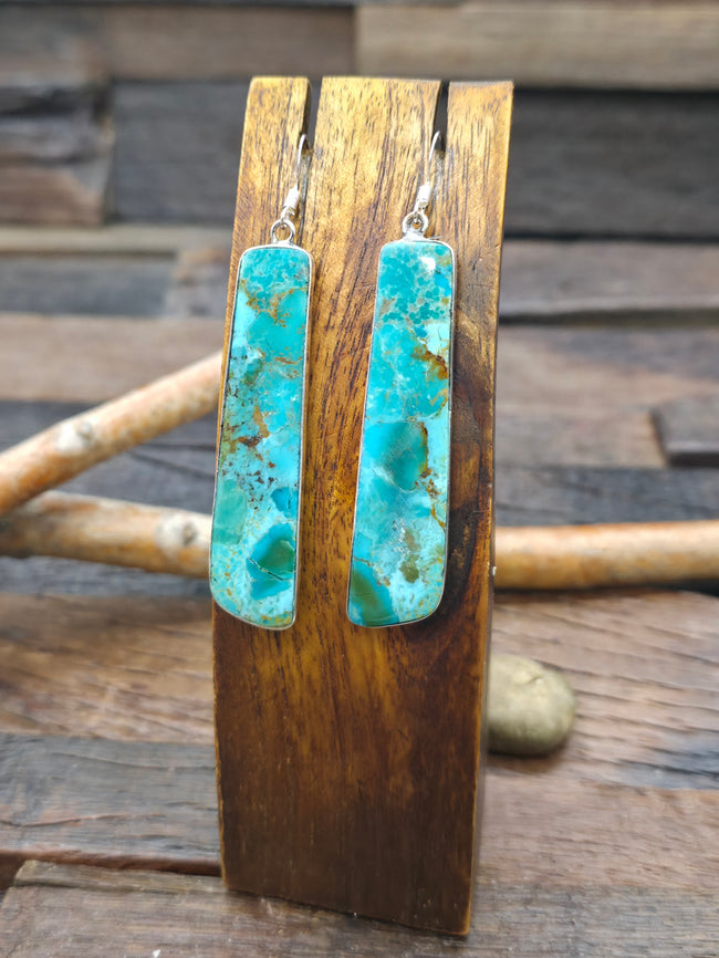 Long Turquoise Slab Earrings with Sterling Silver by Veronica Tortalita