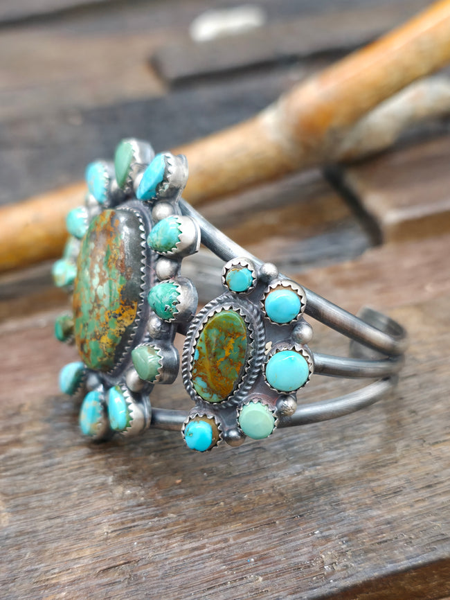 Sterling Silver Carico Lake Turquoise Cluster Cuff Bracelet by LaRose Ganadanegro - 6 1/2 in. with Gap