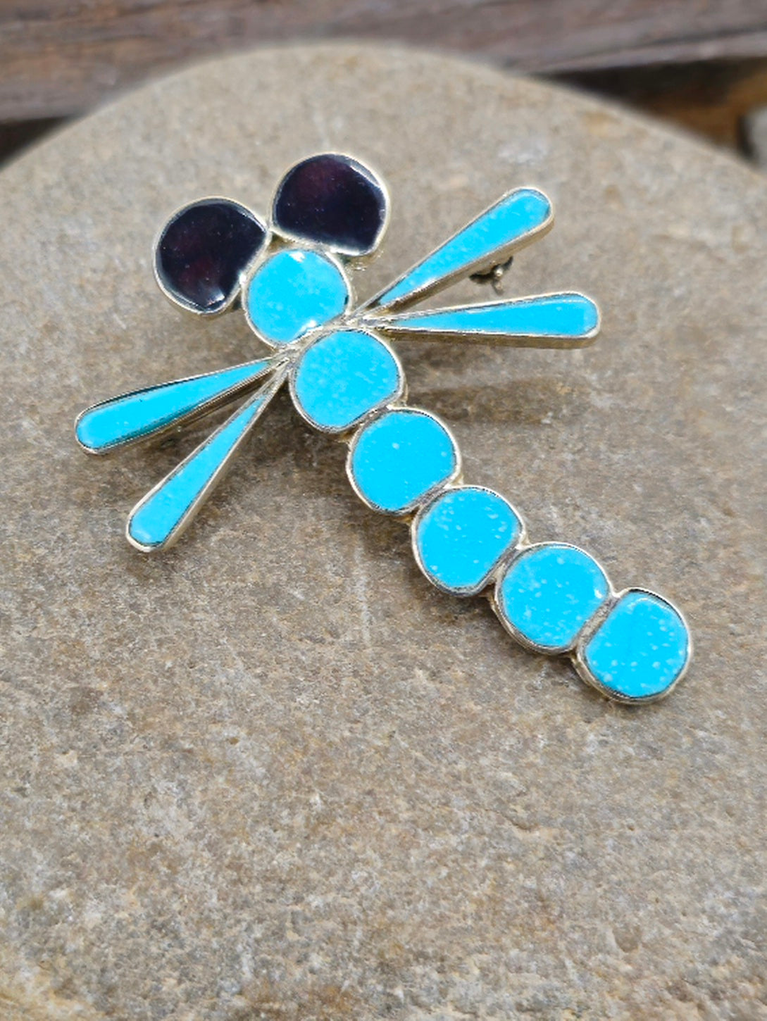 Turquoise and Jet Inlay Dragonfly Pin/Pendant by Emma E.
