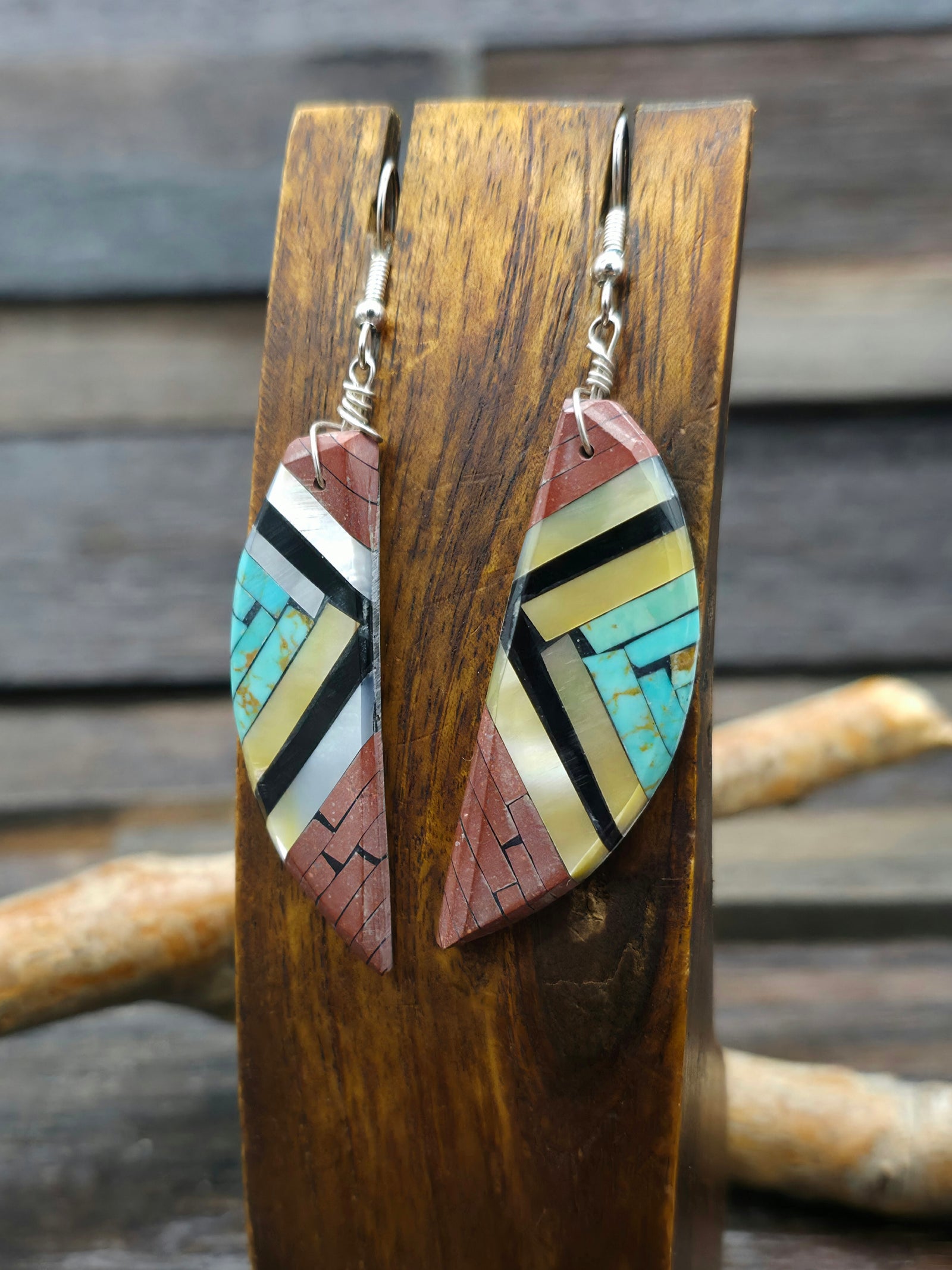 Pipestone, Turquoise, and Mother of Pearl Mosaic Inlay Earrings by Joe Reano