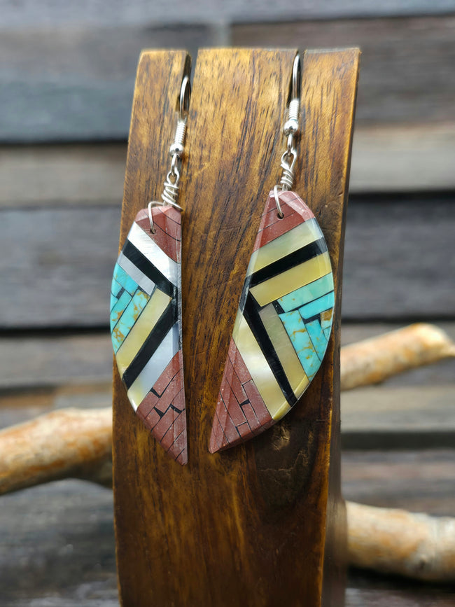 Pipestone, Turquoise, and Mother of Pearl Mosaic Inlay Earrings by Joe Reano