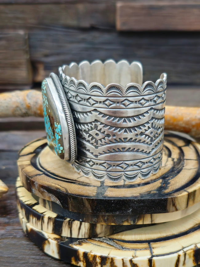 Turquoise and Stamped Sterling Silver Cuff by Mark Yazzie - 6 1/2 in.