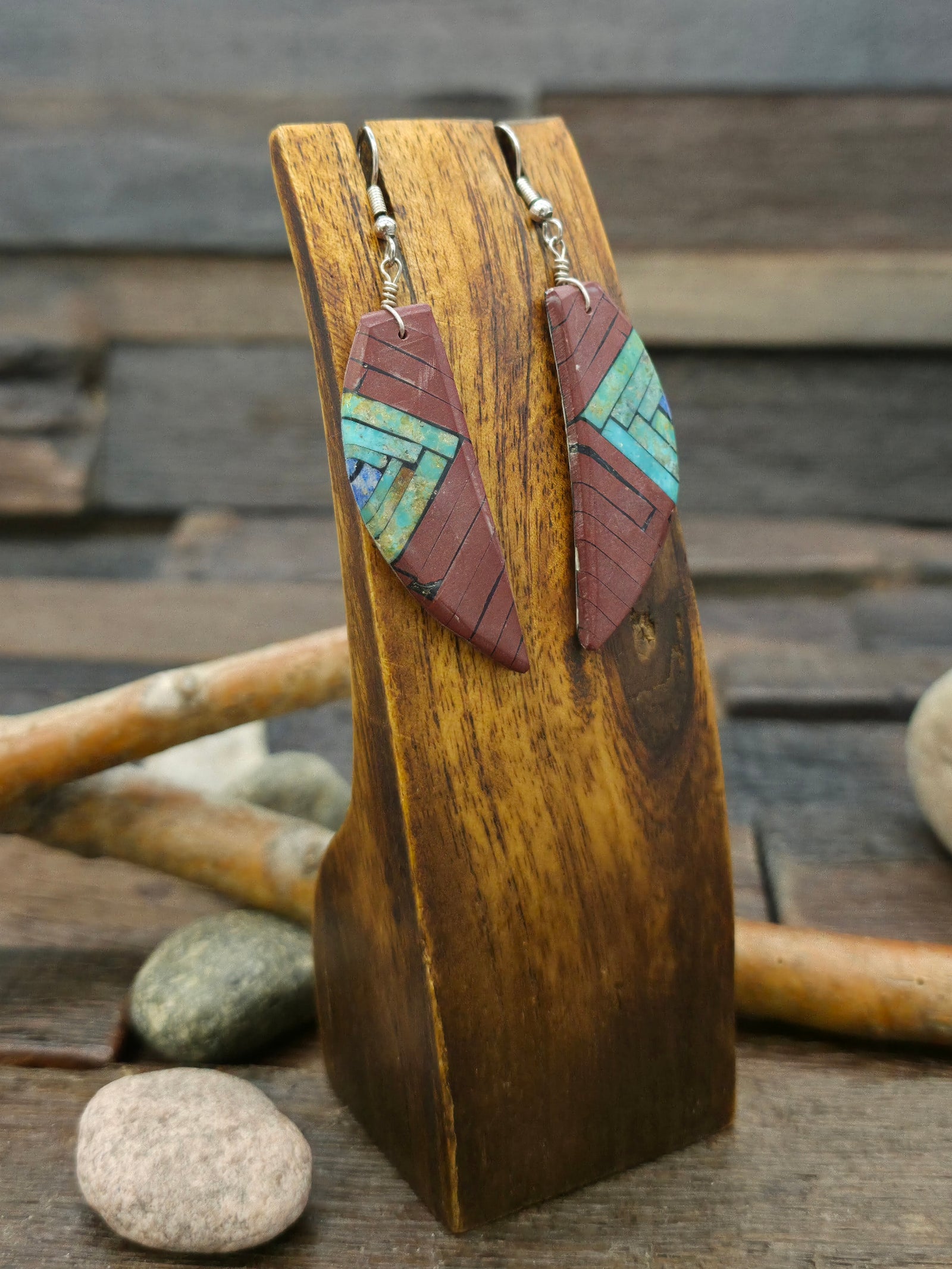 Mosaic Inlay Earrings by Joe Reano - Pipestone, Turquoise, and Lapis - 3 in. by 3/4 in.