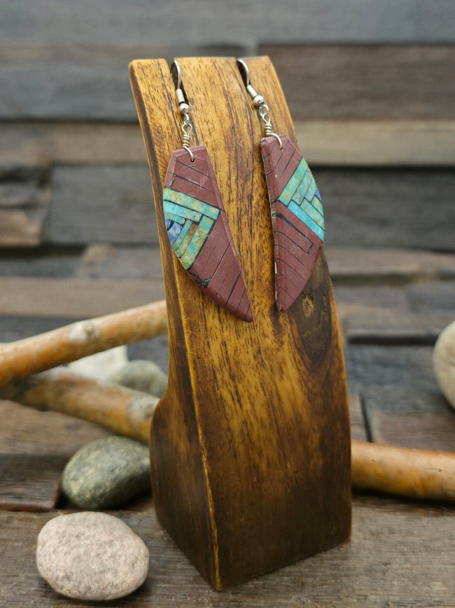 Mosaic Inlay Earrings by Joe Reano - Pipestone, Turquoise, and Lapis - 3 in. by 3/4 in.