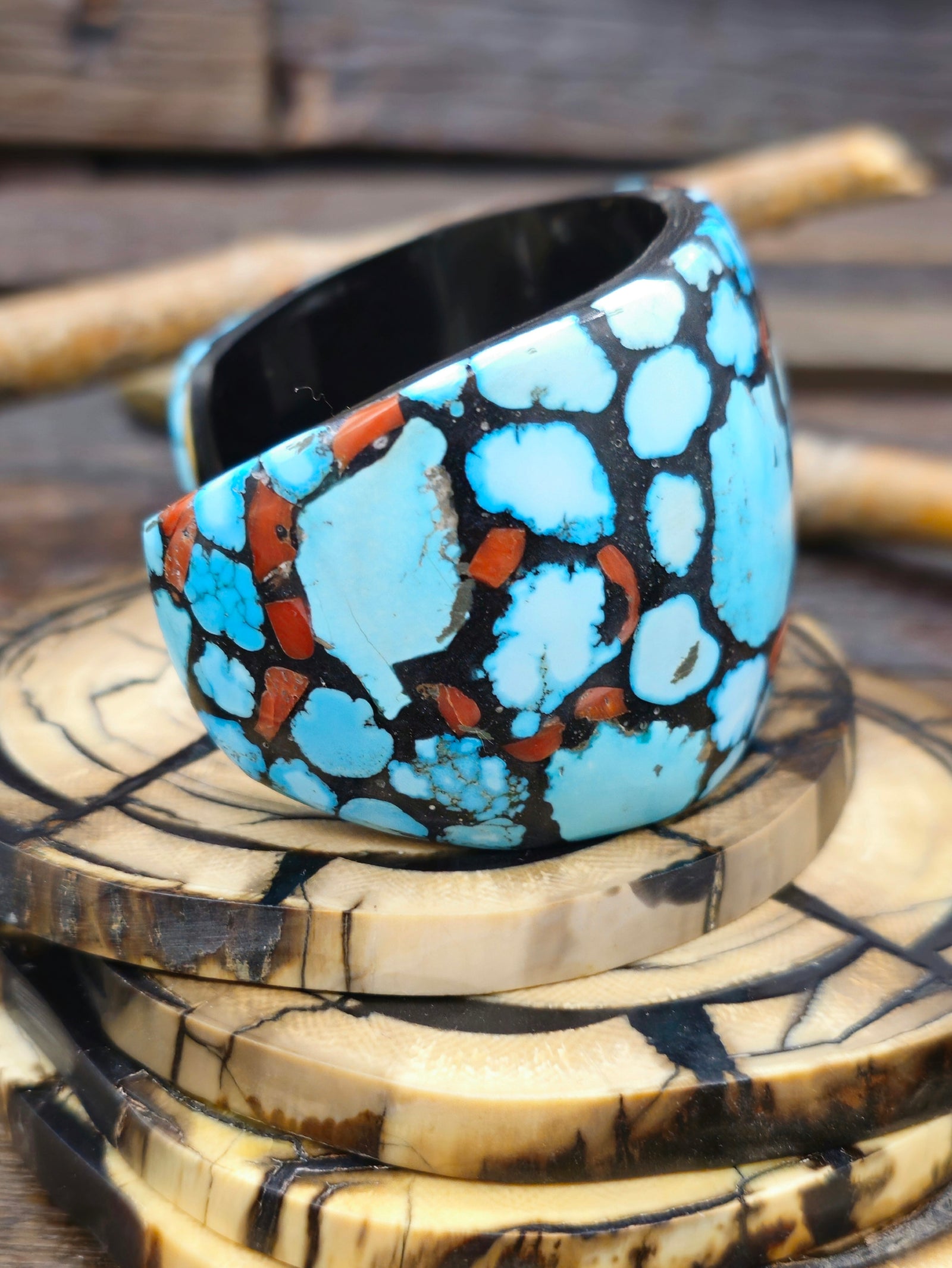 Extra Wide Turquoise and Coral Mosaic Inlay Cuff by Daniel Coriz - 7 in.