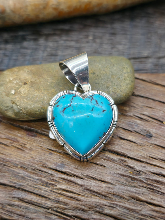 Sterling Silver Blue Turquoise Heart Pendant by SE - 1 1/2 in. by 1 in.