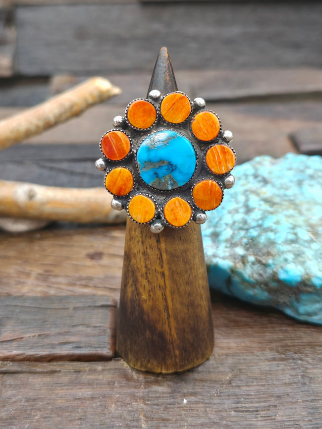 Sterling Silver Turquoise and Spiny Oyster Cluster Ring by Selena Warner - Size 8