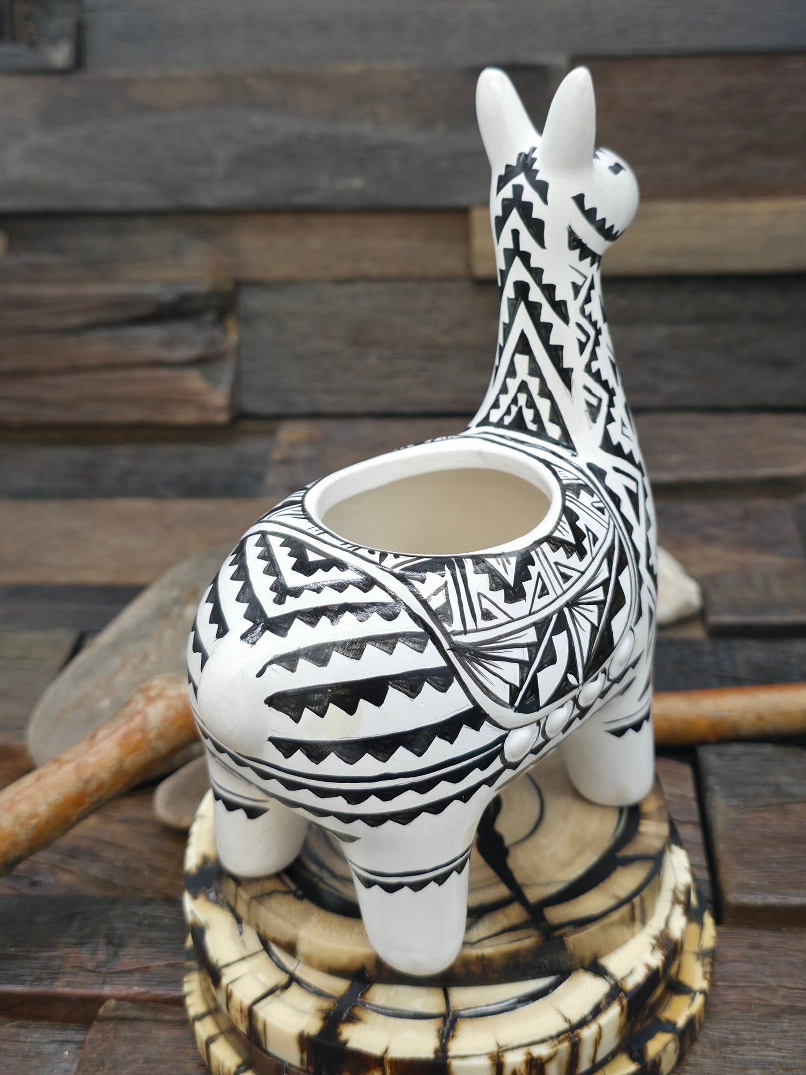 Hand Painted Black and White Alpaca Planter by A. Tsosie - 6 1/2 in. by 4 1/2 in. by 2 1/2 in.