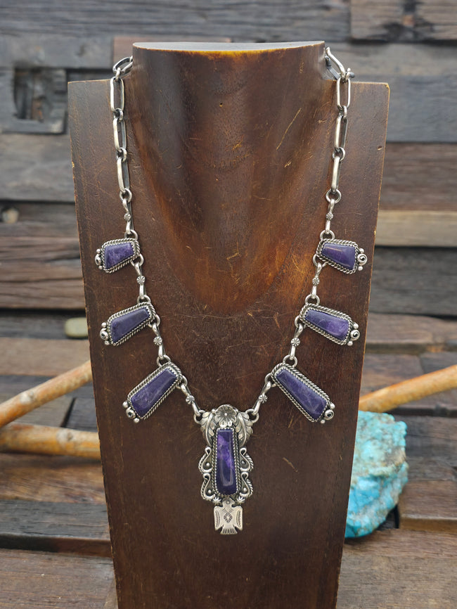 Sugilite and Sterling Silver Necklace with Flower and Thunderbird by Brenda Jimenez - 20 in.