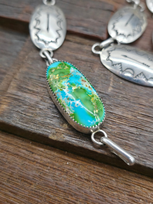 Stamped Sterling Silver Link Belt with Sonoran Turquoise Buckle by Thomas Nez - 45 in.