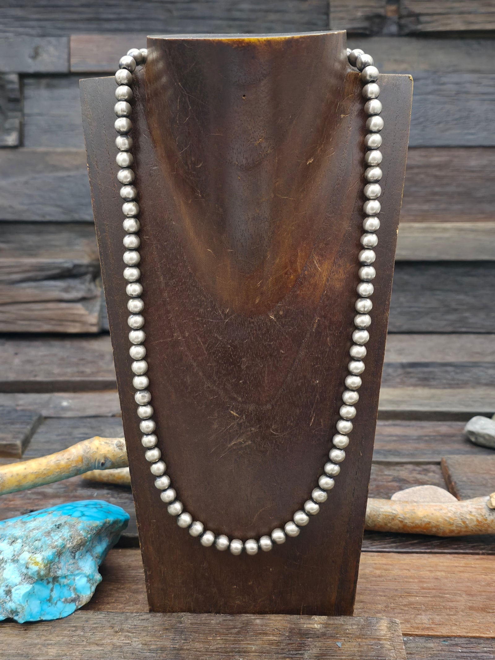 Oxidized Sterling Silver Navajo Pearl Necklace - 22 in. w/2 in Extender 7 mm Bead