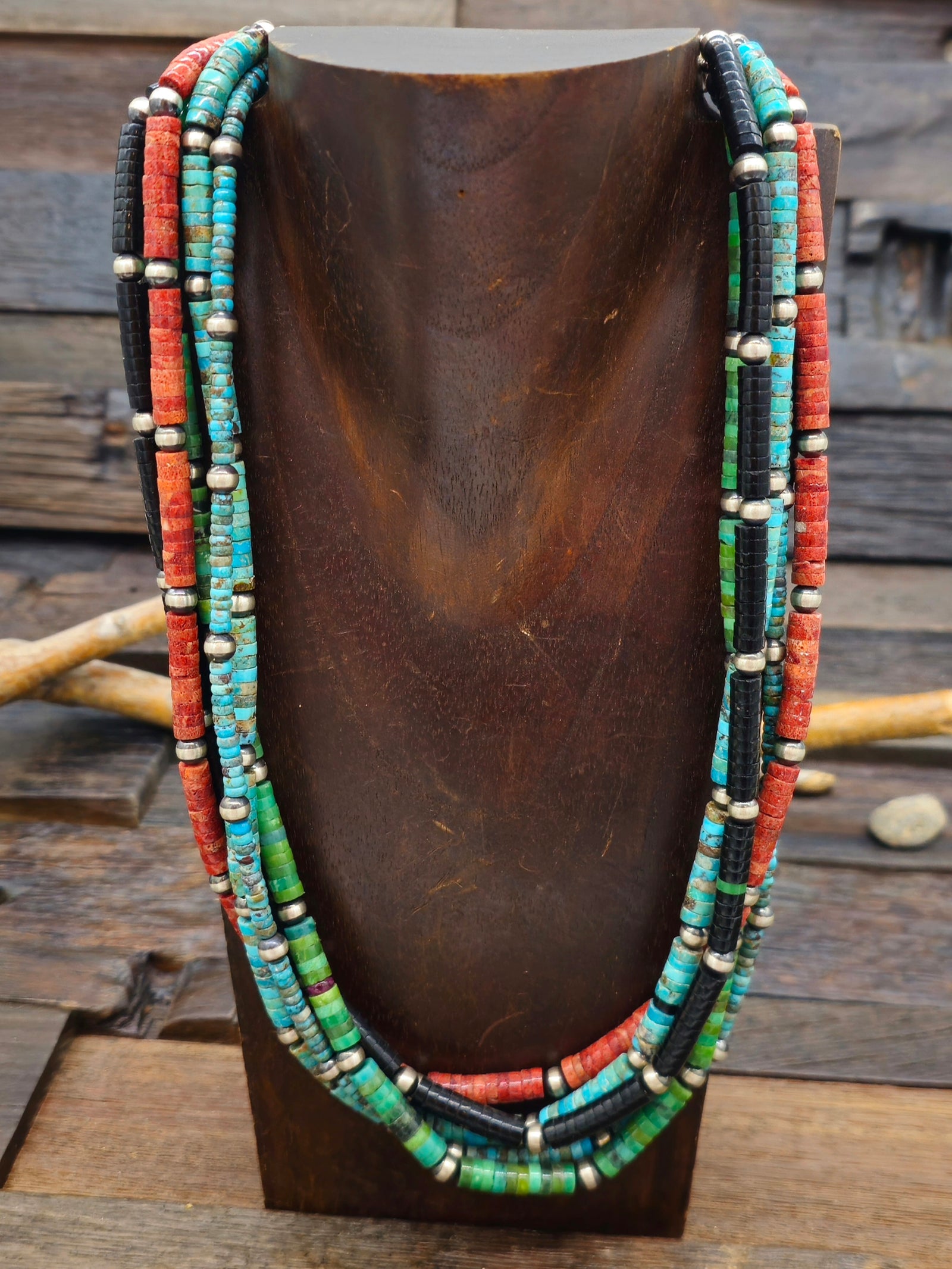 Five Strand Sterling Silver Multistone Bead Necklace by Fred Archuleta - 22 in.