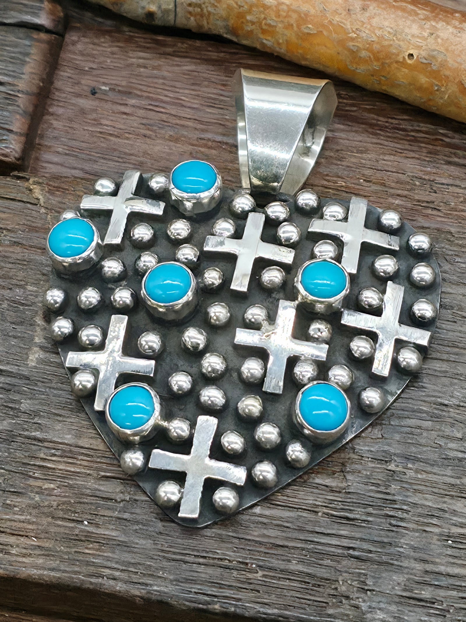Sterling Silver Raindrop Heart Pendant with Turquoise by Geneva Apachito -  2 1/2 in. by 2 in.